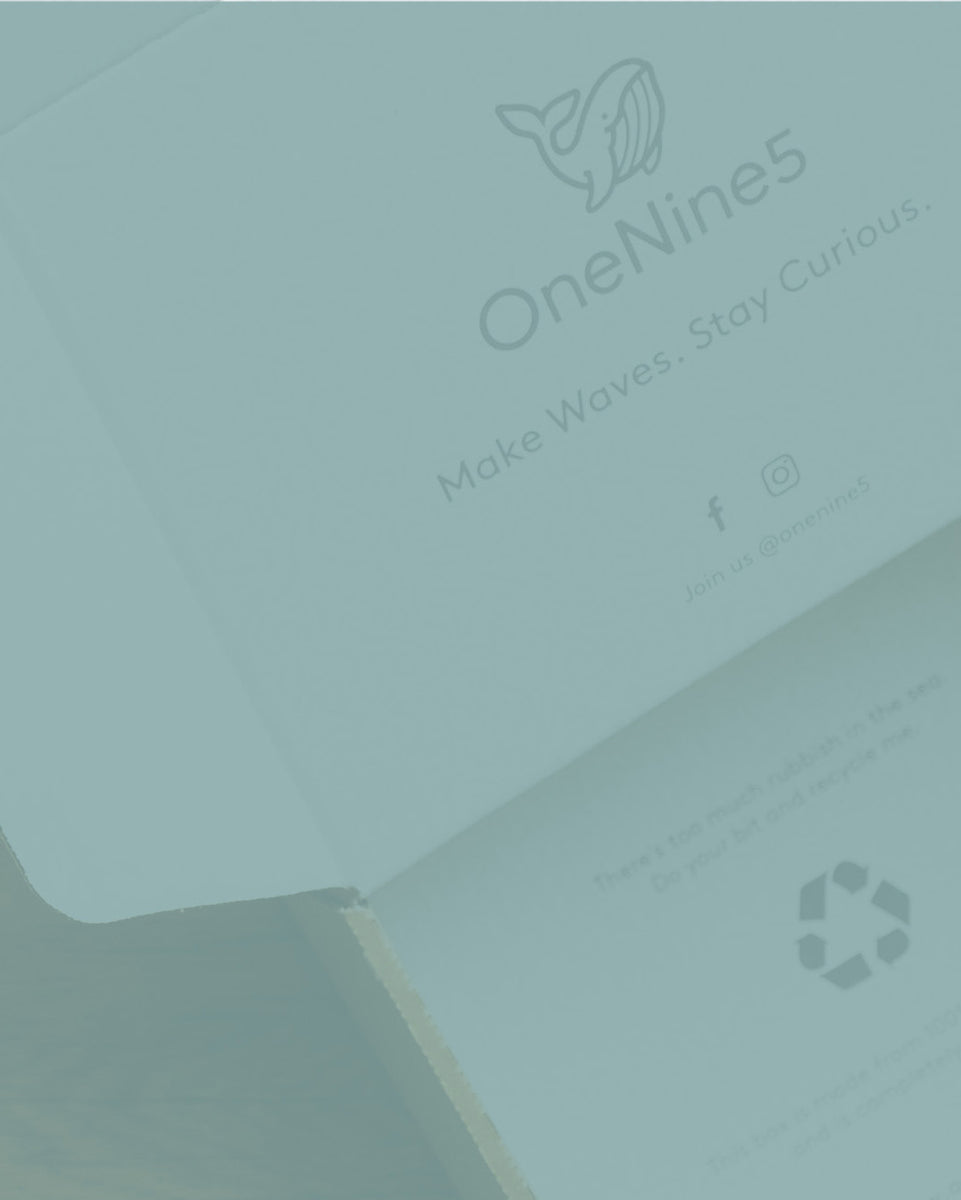 A close-up of an open and brand OneNine5 shipping box, with the logo, slogan and recycled icon visible